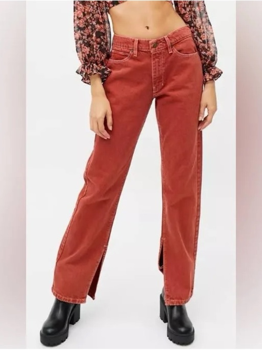 PETITE Urban Outfitters UO BDG Split-Hem Women’s Jeans Brick Red